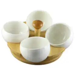 Set 4 boluri din ceramica cu suport din bambus 24x13 CM