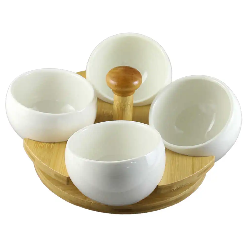 Set 4 boluri din ceramica cu suport din bambus 24x13 CM