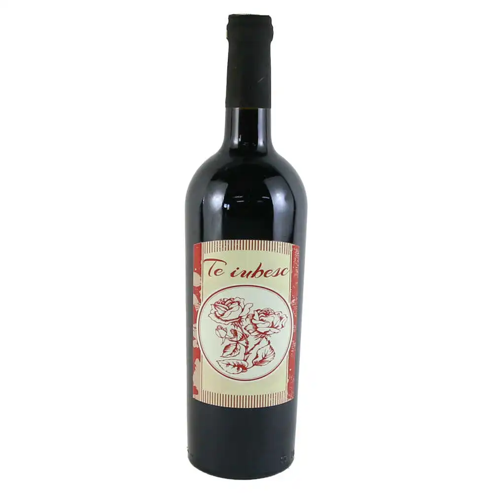 Vin rosu 750 ml "Te iubesc!" cu trandafiri