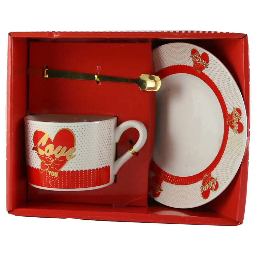Cana din ceramica cu farfurie si lingurita metalica "Happy Valentines Day"