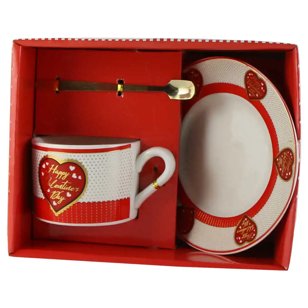 Cana din ceramica cu farfurie si lingurita metalica "Happy Valentines Day"