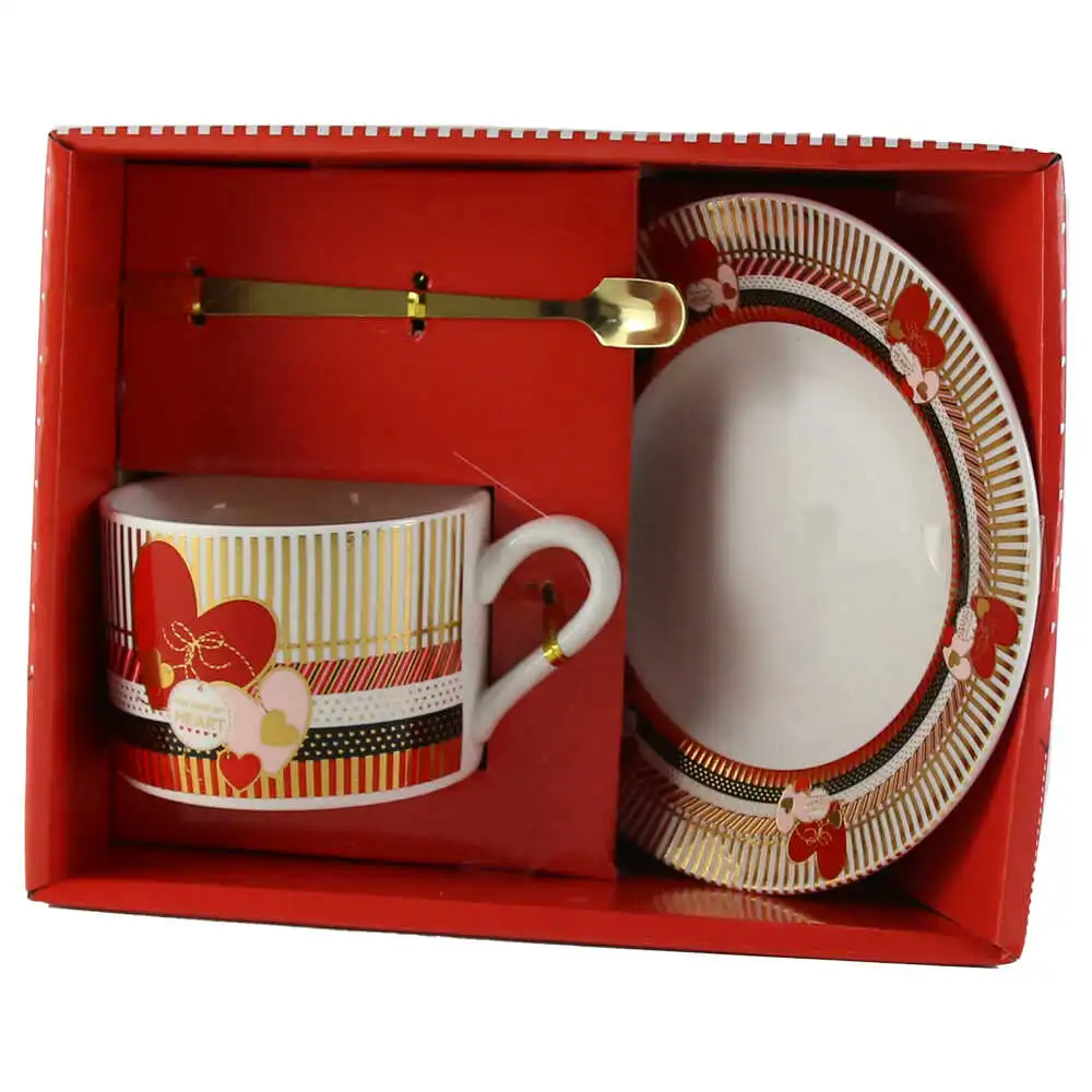 Cana din ceramica cu farfurie si lingurita metalica "Happy Valentines Day"