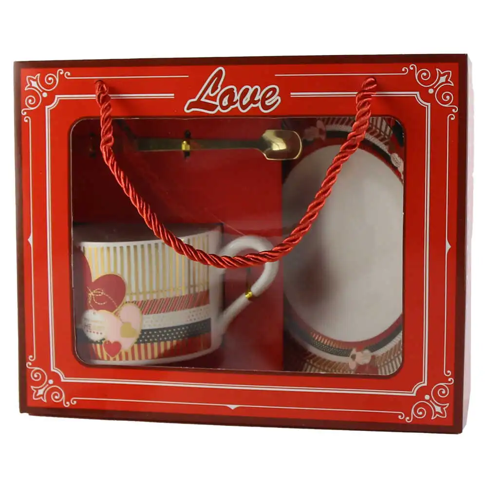 Cana din ceramica cu farfurie si lingurita metalica "Happy Valentines Day"