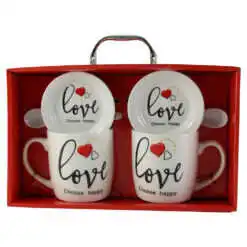 Set 2 cani cu farfurii si lingurite din ceramica