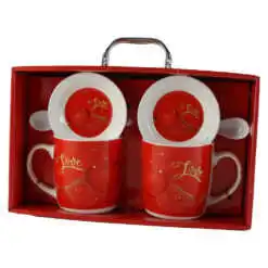 Set 2 cani cu farfurii si lingurite din ceramica