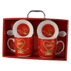 Set 2 cani cu farfurii si lingurite din ceramica