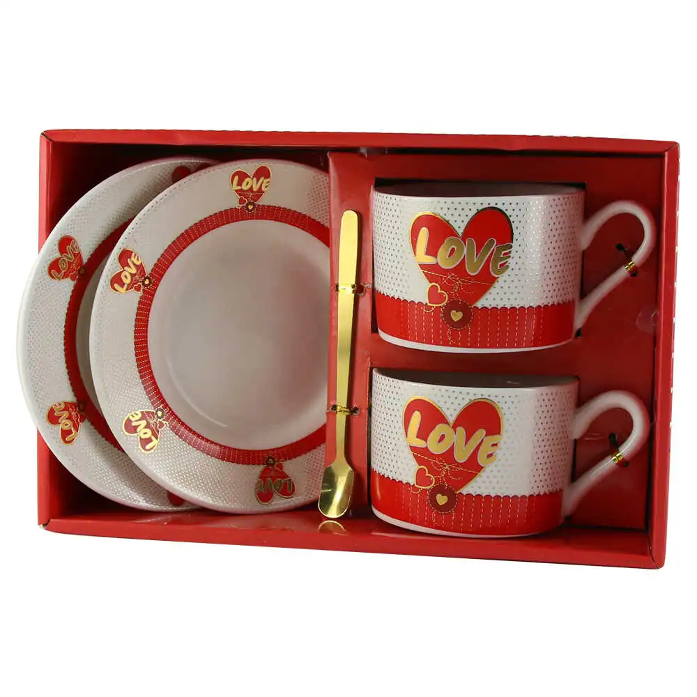 Set 2 cani din ceramica cu farfurii si lingurite metalice 7 CM