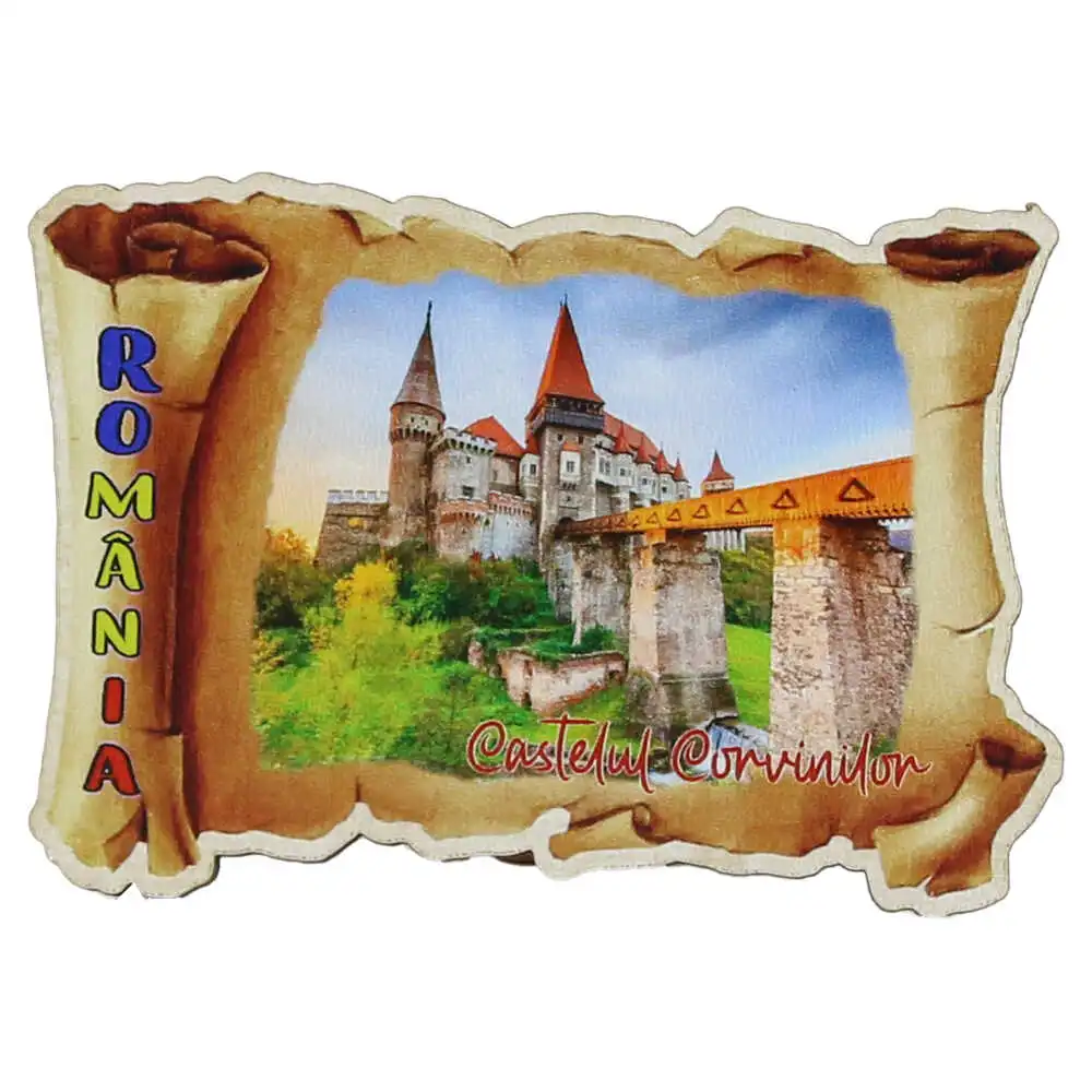 Magnet de frigider din lemn Castelul Corvinilor 9 x 6 cm Romania