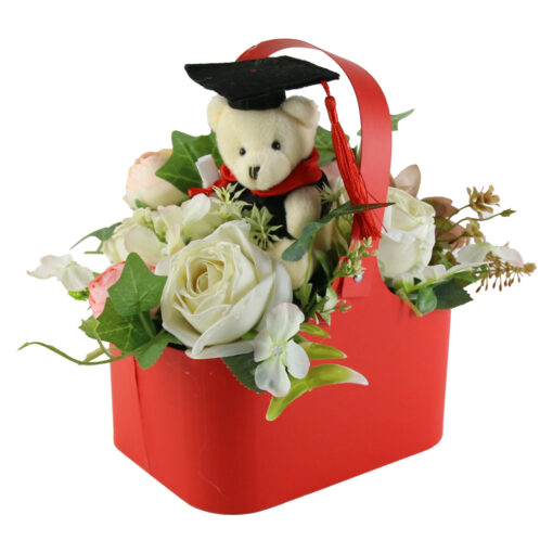 Aranjament floral pentru Absolvire cu ursulet si trandafiri 25x23 CM
