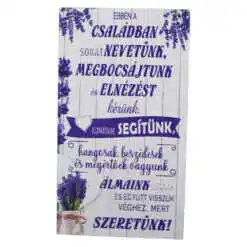 Magnet frigider din lemn "Ebben a csaladban sokat nevetunk..." 8x14 CM