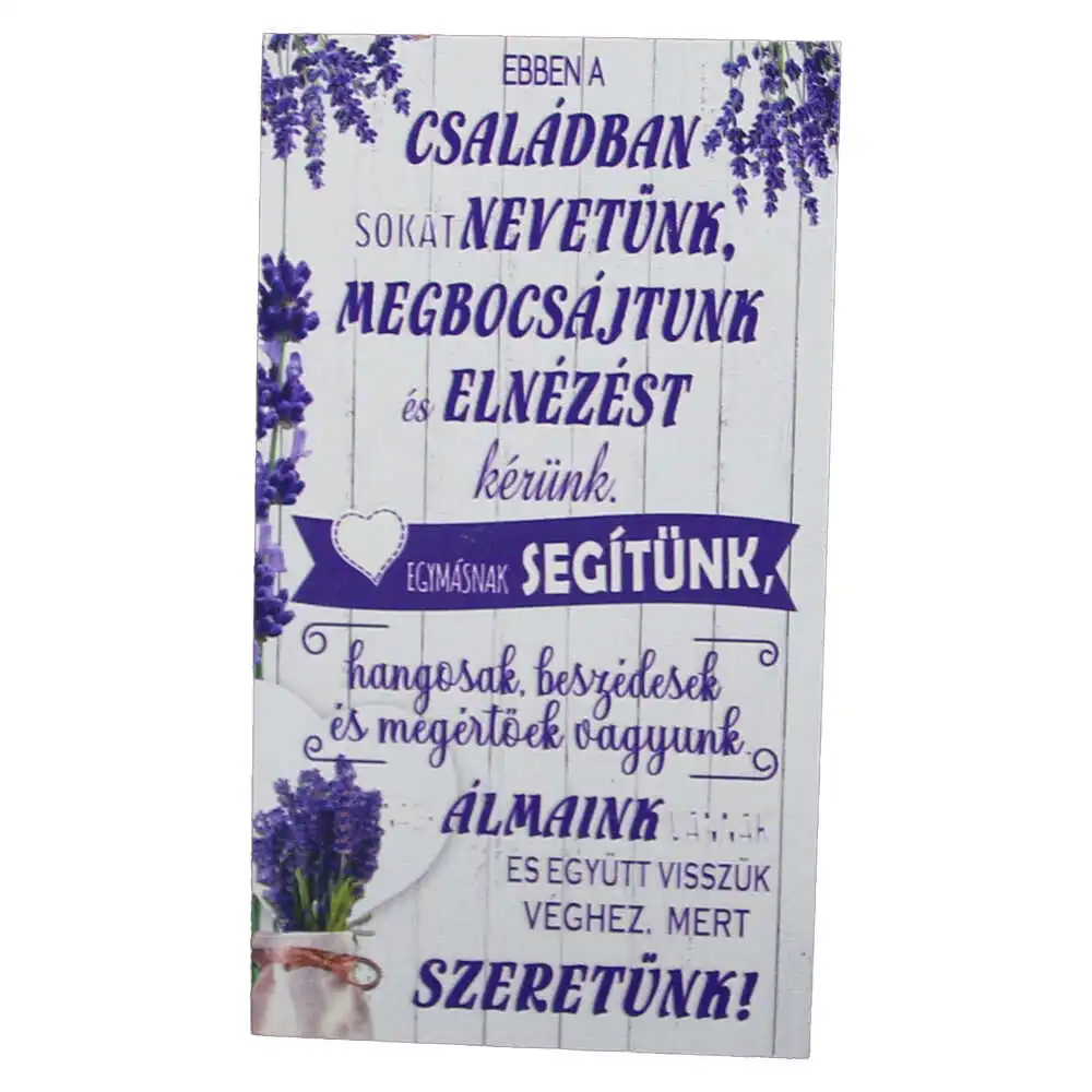 Magnet frigider din lemn "Ebben a csaladban sokat nevetunk..." 8x14 CM
