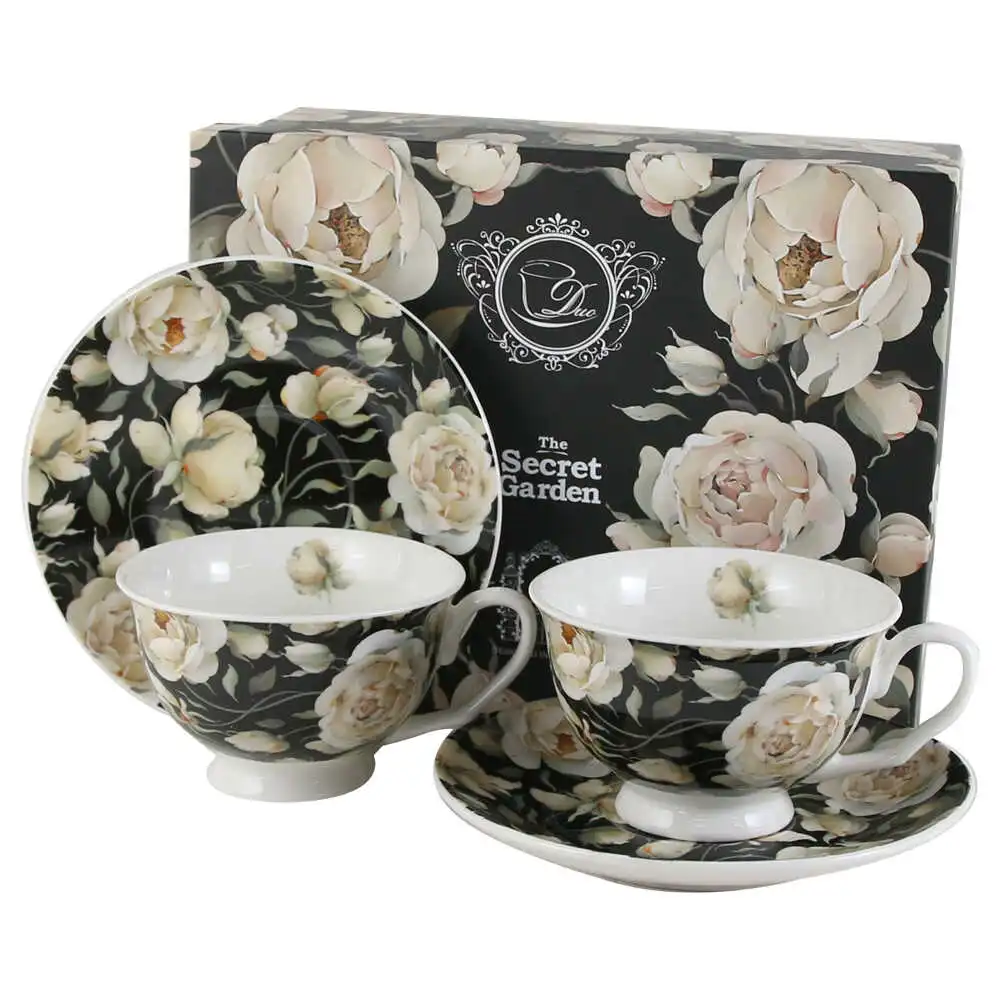 Set 2 cesti cu farfurii din portelan 250 ml "English Roses Black"