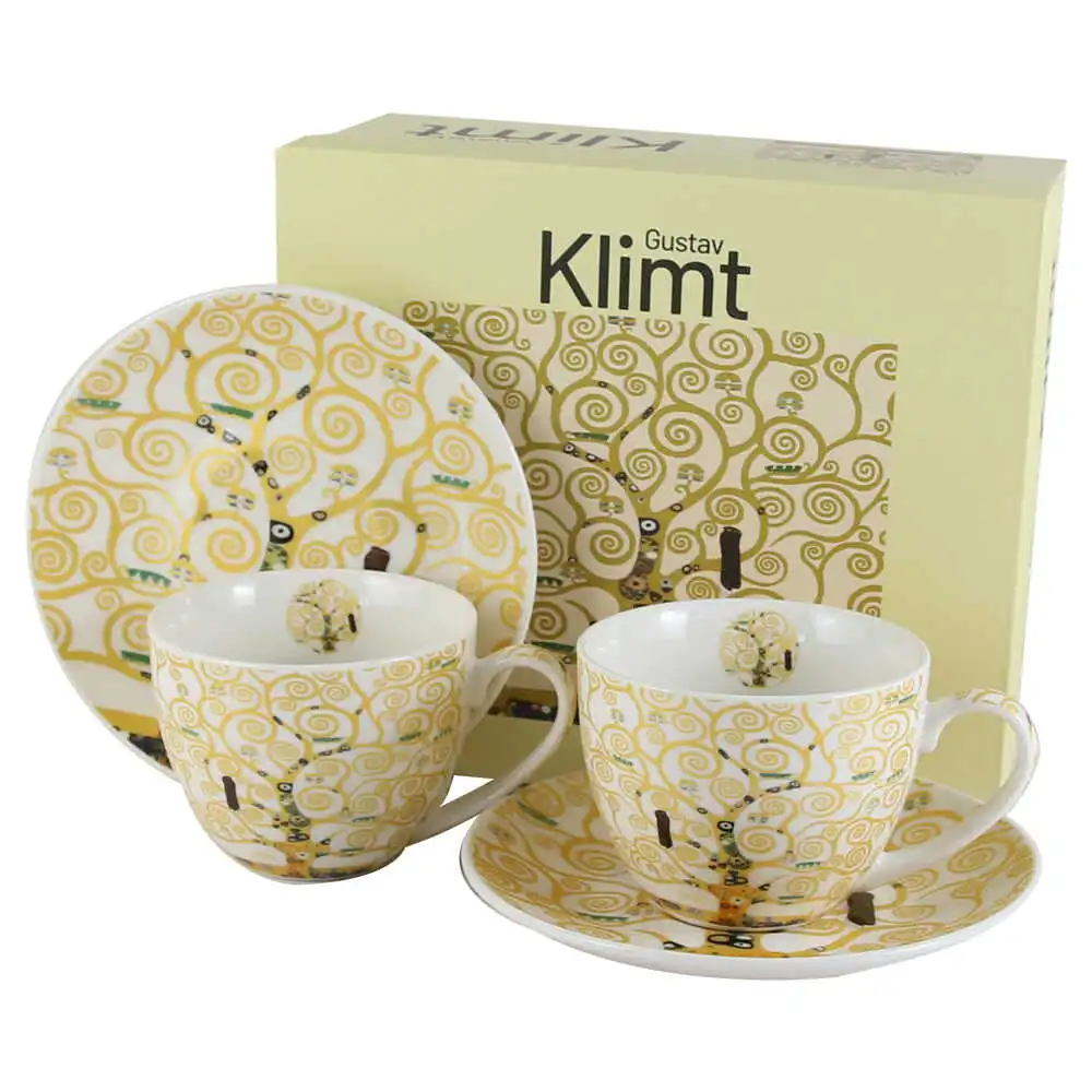Set 2 cesti cu farfurii din portelan espresso 270 ml "Tree of Life" de Gustav Klimt Set 2 cesti cu farfurii din portelan espresso 270 ml "Tree of Life" de Gustav Klimt