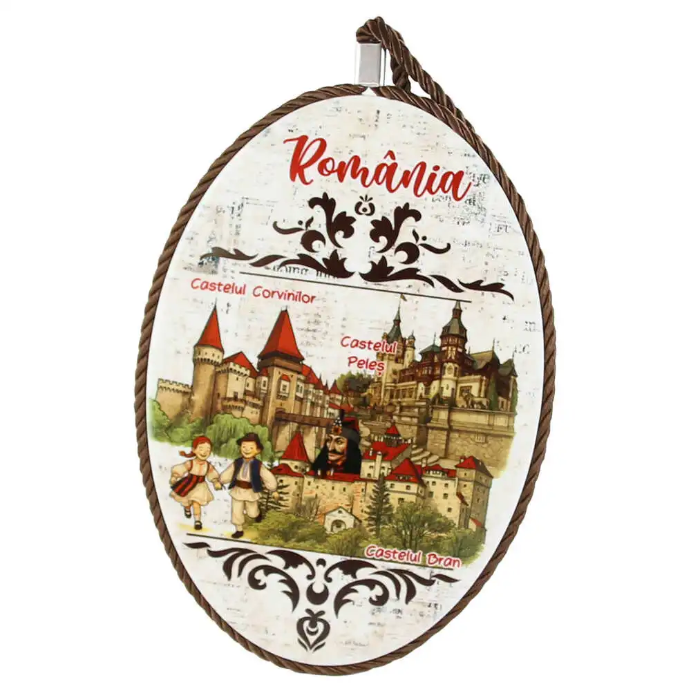 Decor perete oval din ceramica Romania 14 x 20 cm Castele si copii Decor perete oval din ceramica Romania 14 x 20 cm Castele si copii