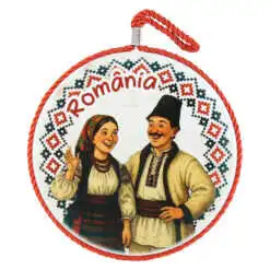 Decor perete rotund din ceramica Romania 17 cm Cuplu in port popular