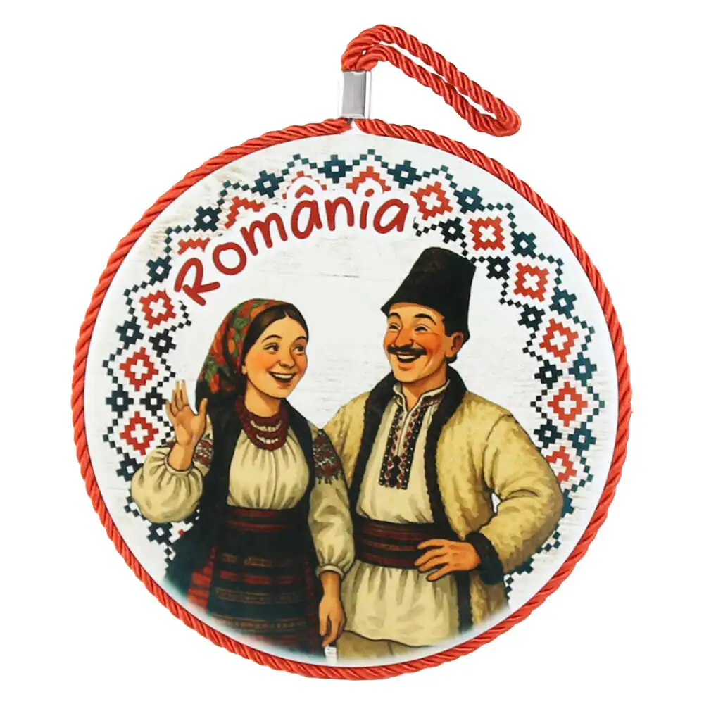 Decor perete rotund din ceramica Romania 17 cm Cuplu in port popular Decor perete rotund din ceramica Romania 17 cm Cuplu in port popular