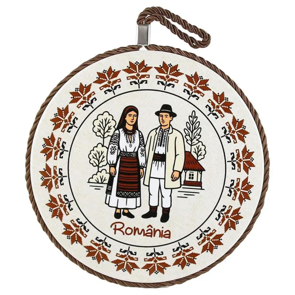 Decor perete rotund din ceramica Romania 17 cm Cuplu in port traditional Decor perete rotund din ceramica Romania 17 cm Cuplu in port traditional