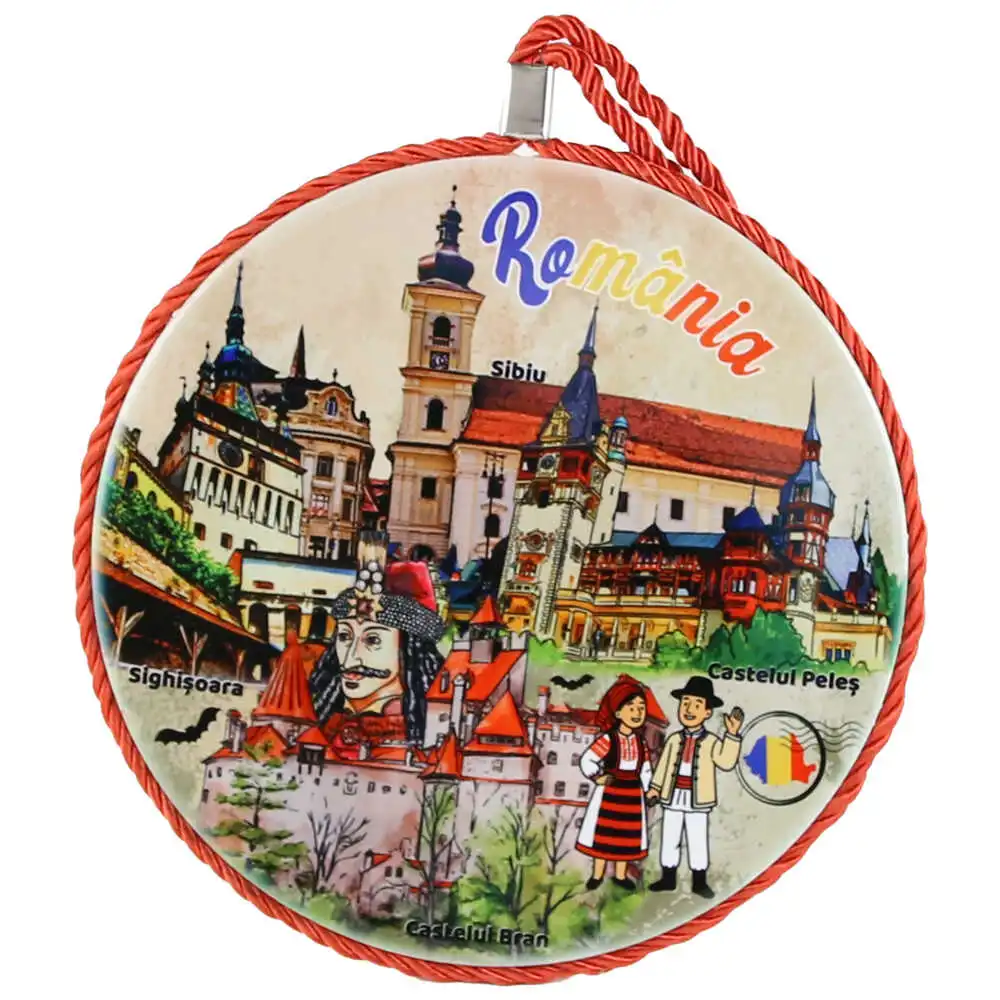 Decor perete rotund din ceramica Romania 17 cm Cladiri faimoase Decor perete rotund din ceramica Romania 17 cm Cladiri faimoase