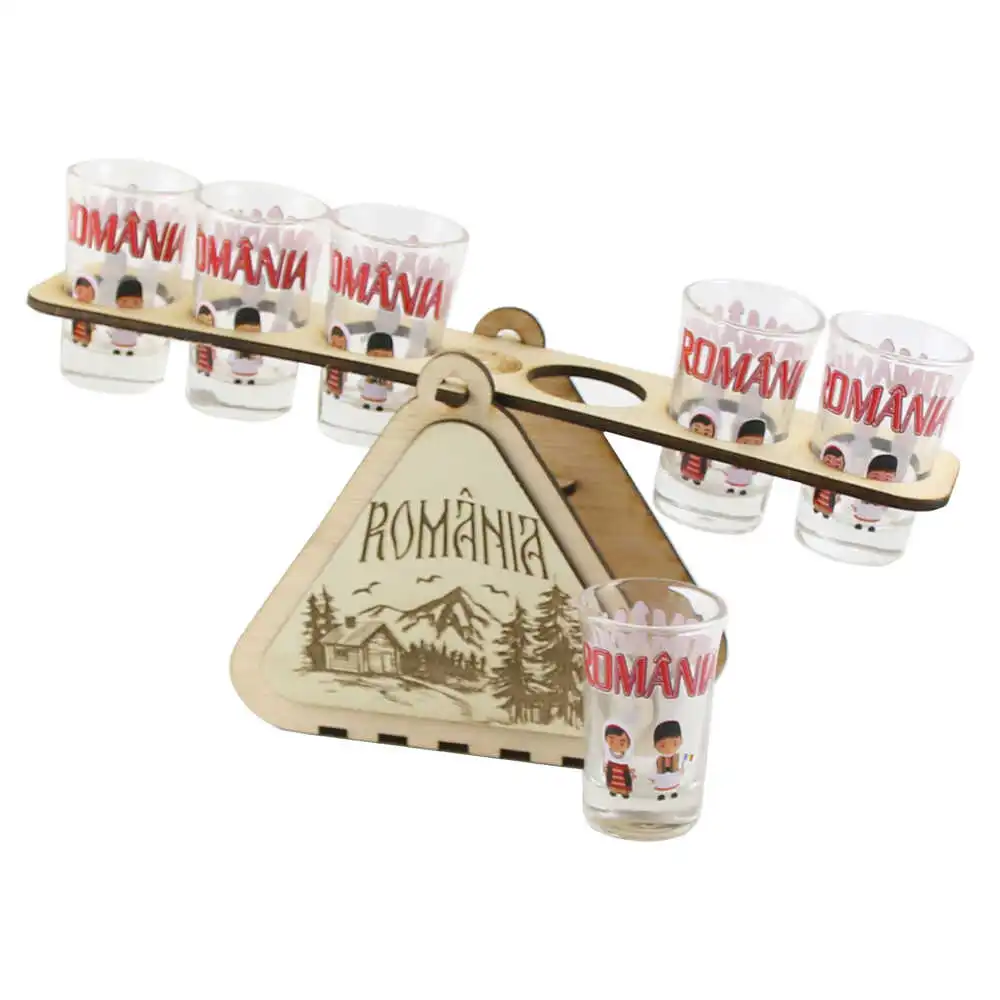 Suport lemn cu 6 pahare "Romania" Suport lemn cu 6 pahare "Romania"