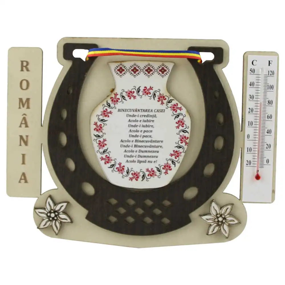 Potcoava din lemn cu termometru "Binecuvantarea Casei" Potcoava din lemn cu termometru "Binecuvantarea Casei"