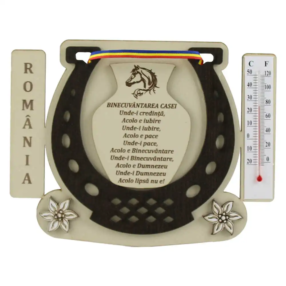 Potcoava din lemn cu termometru "Binecuvantarea Casei" Potcoava din lemn cu termometru "Binecuvantarea Casei"