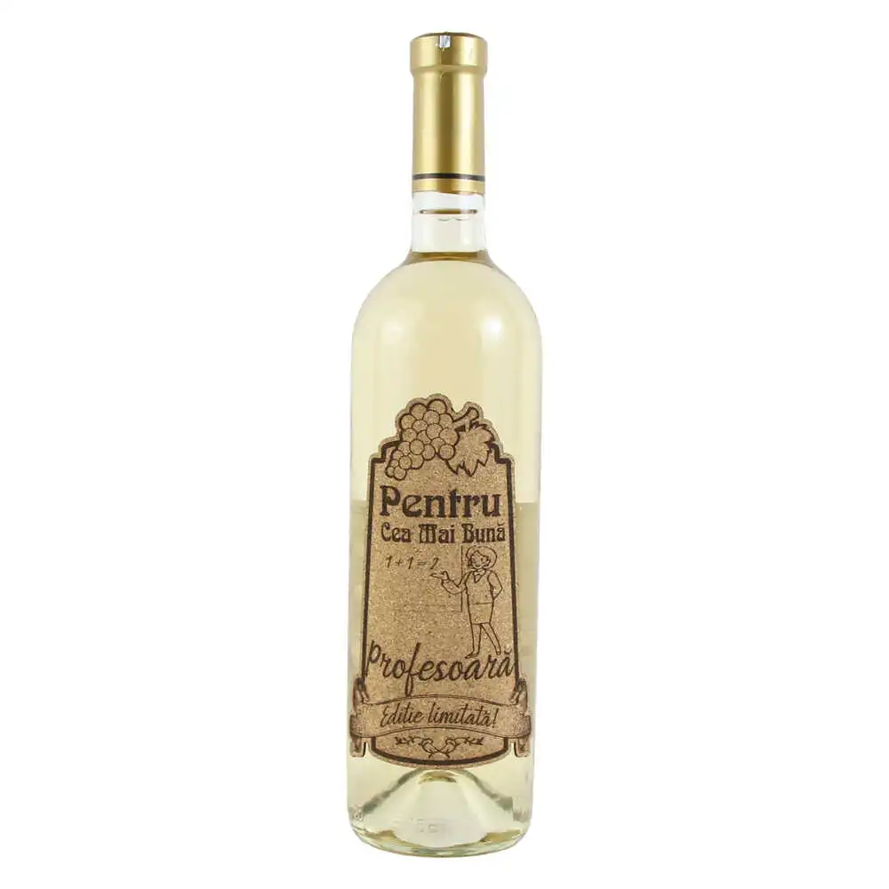 Vin alb 750 ml "Pentru cea mai buna Profesoara" cu eticheta personalizata din pluta Vin alb 750 ml "Pentru cea mai buna Profesoara" cu eticheta personalizata din pluta