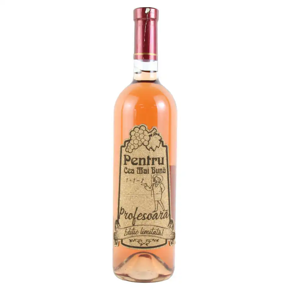 Vin rose 750 ml "Pentru cea mai buna Profesoara" cu eticheta personalizata din pluta Vin rose 750 ml "Pentru cea mai buna Profesoara" cu eticheta personalizata din pluta