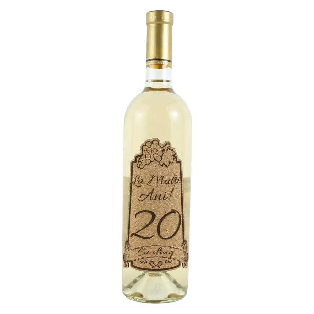 Vin alb 750 ml "20 La multi ani! cu drag" cu eticheta personalizata din pluta