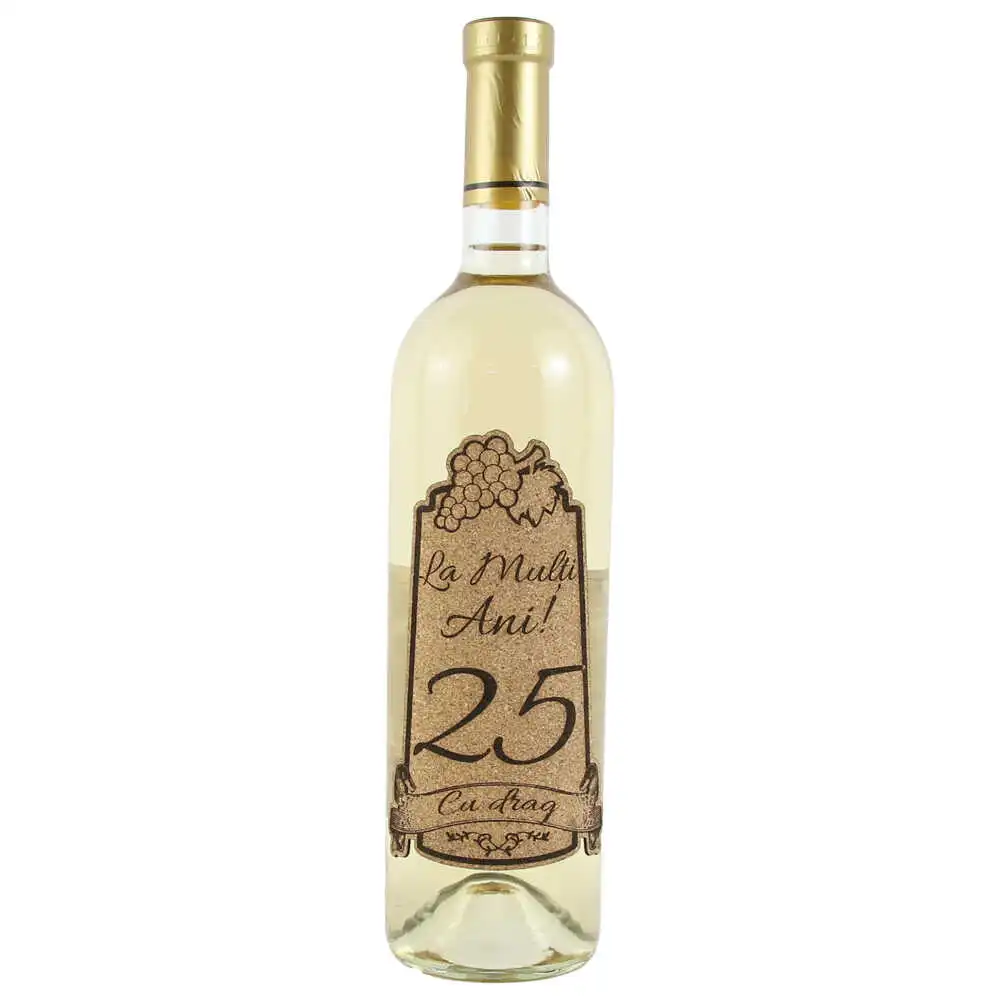 Vin alb 750 ml "25 La multi ani! cu drag" cu eticheta personalizata din pluta Vin alb 750 ml "25 La multi ani! cu drag" cu eticheta personalizata din pluta