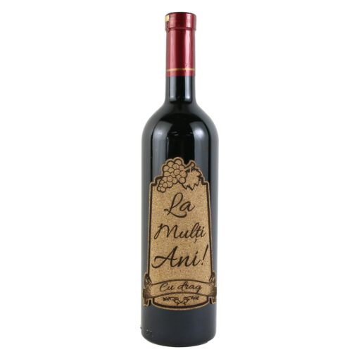 Vin rosu 0.75l "La multi ani! cu drag" cu eticheta personalizata din pluta