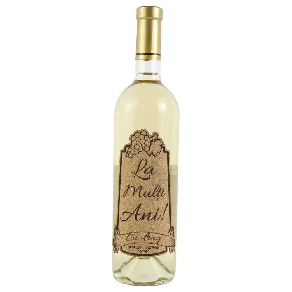 Vin alb 750 ml "La multi ani! cu drag" cu eticheta personalizata din pluta Vin alb 750 ml "La multi ani! cu drag" cu eticheta personalizata din pluta