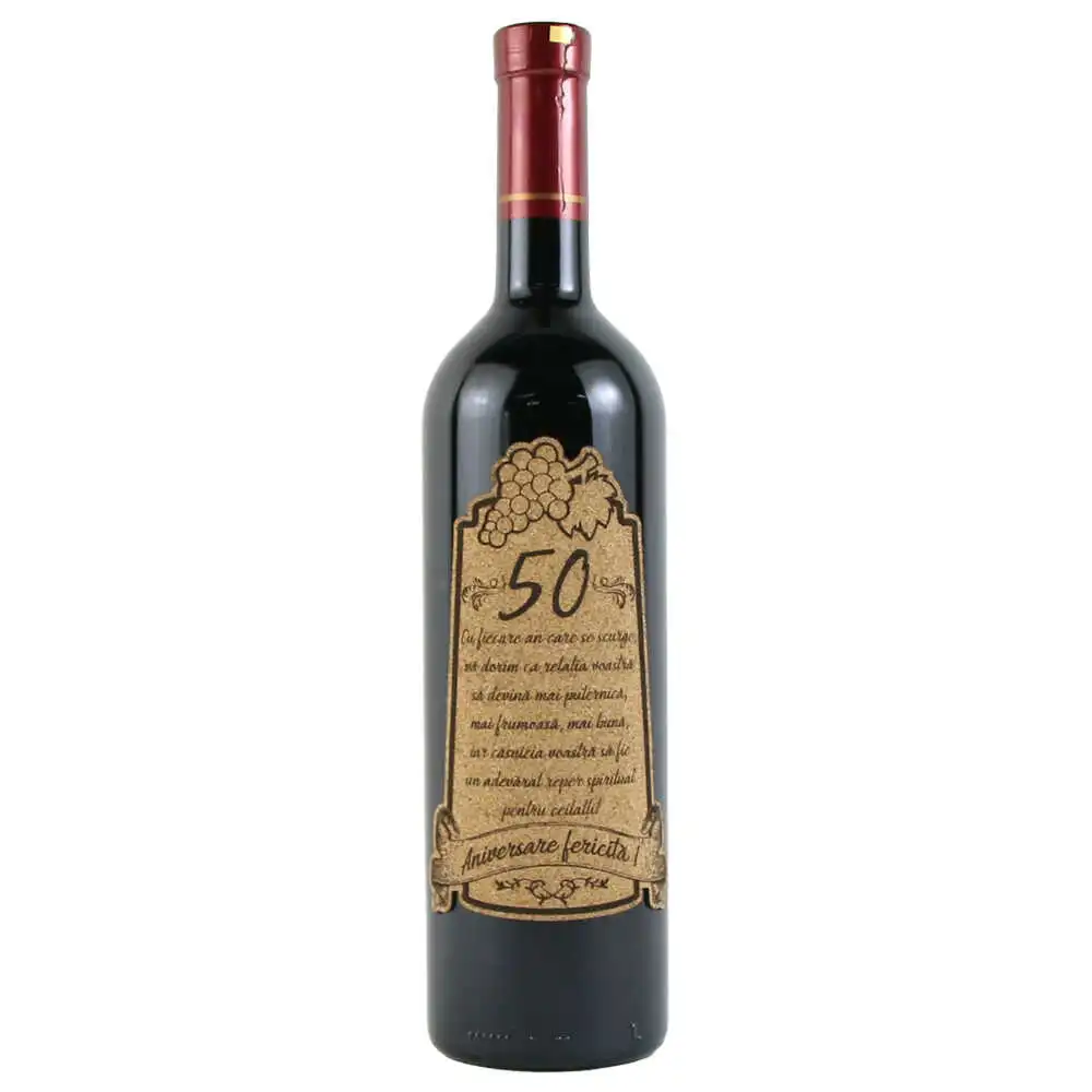 Vin rosu 750 ml "50 Aniversare fericita!" cu eticheta personalizata din pluta Vin rosu 750 ml "50 Aniversare fericita!" cu eticheta personalizata din pluta