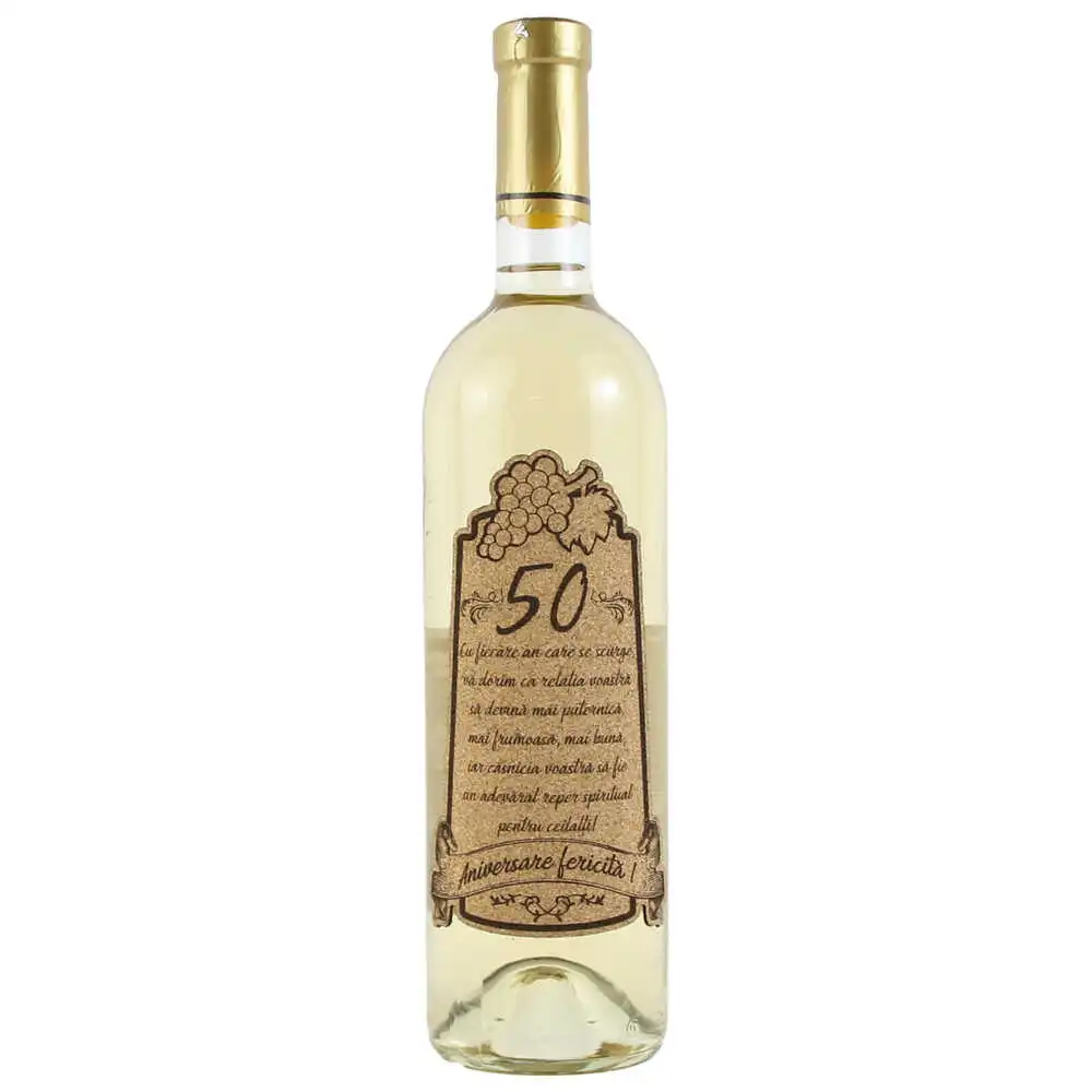 Vin alb 750 ml "50 Aniversare fericita!" cu eticheta personalizata din pluta Vin alb 750 ml "50 Aniversare fericita!" cu eticheta personalizata din pluta