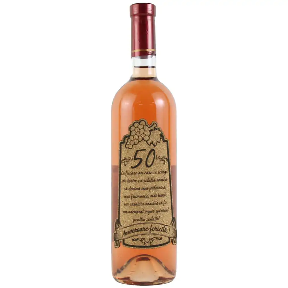 Vin rose 750 ml "50 Aniversare fericita!" cu eticheta personalizata din pluta Vin rose 750 ml "50 Aniversare fericita!" cu eticheta personalizata din pluta