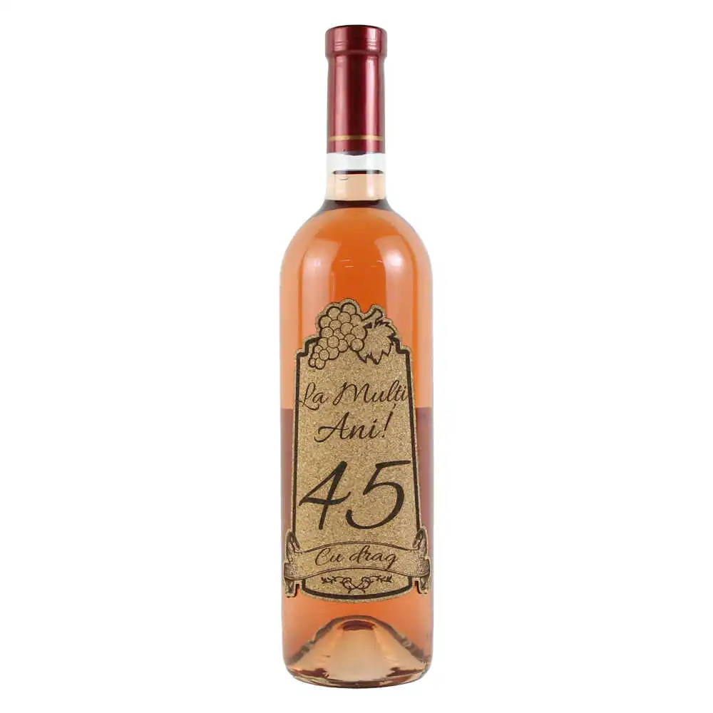 Vin rose 750 ml "45 La multi ani! Cu drag" cu eticheta personalizata din pluta Vin rose 750 ml "45 La multi ani! Cu drag" cu eticheta personalizata din pluta