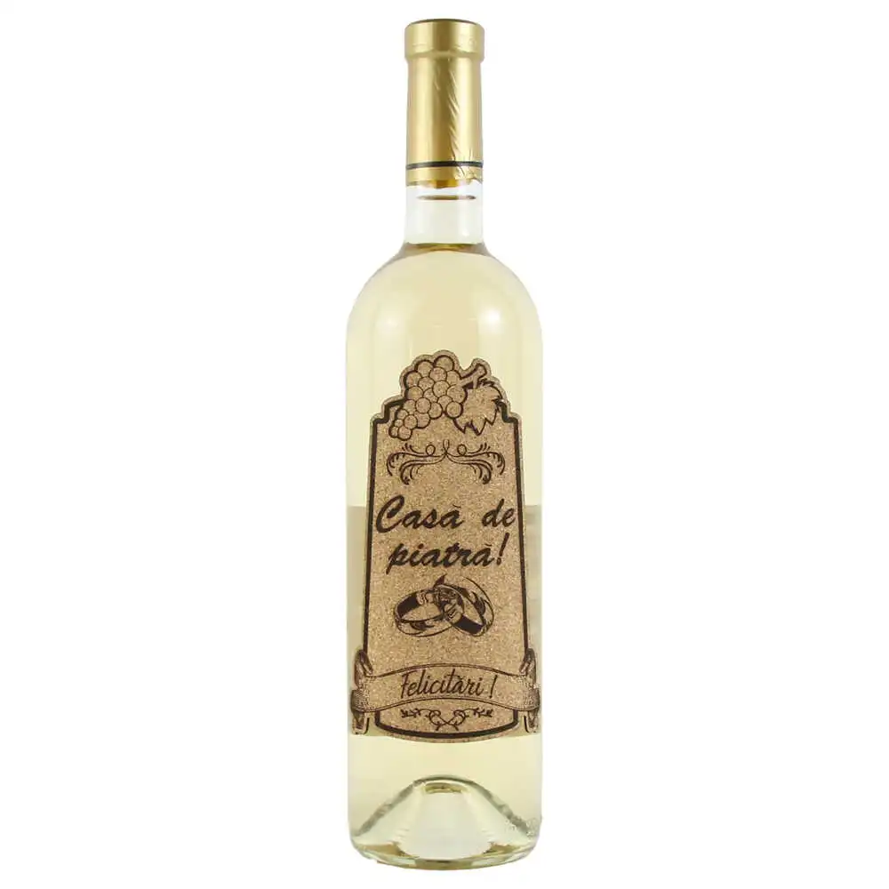 Vin alb 750 ml "Casa de piatra! Felicitari!" cu eticheta personalizata din pluta
