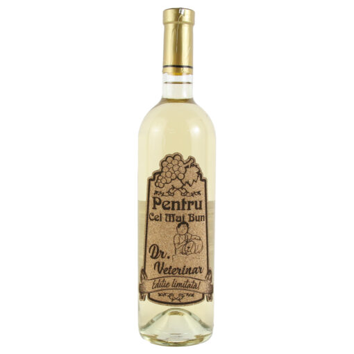 Vin alb 0.75l "Pentru cel mai bun Dr. Veterinar" cu eticheta personalizata din pluta