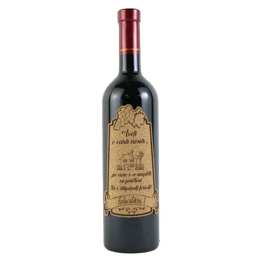 Vin rosu 750 ml "Aveti o casa noua...Felicitari!" cu eticheta personalizata din pluta
