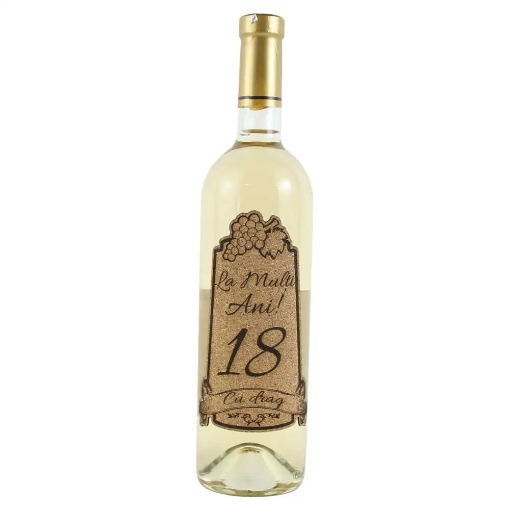 Vin alb 750 ml "18 La multi ani! cu drag" cu eticheta personalizata din pluta Vin alb 750 ml "18 La multi ani! cu drag" cu eticheta personalizata din pluta