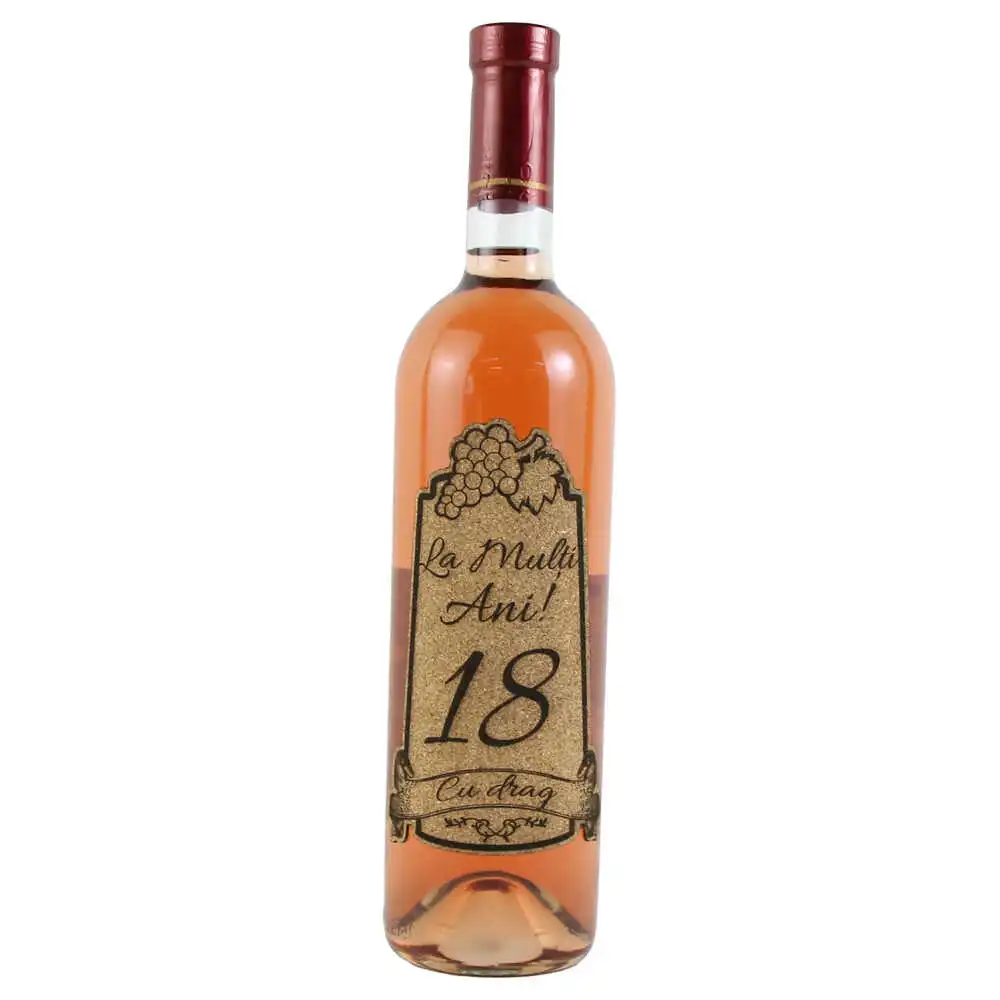 Vin rose 750 ml "18 La multi ani! cu drag" cu eticheta personalizata din pluta Vin rose 750 ml "18 La multi ani! cu drag" cu eticheta personalizata din pluta