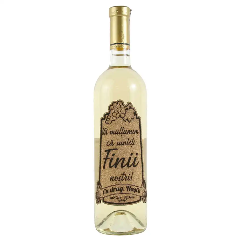 Vin alb 750 ml "Va multumim ca sunteti Finii nostri!" cu eticheta personalizata din pluta