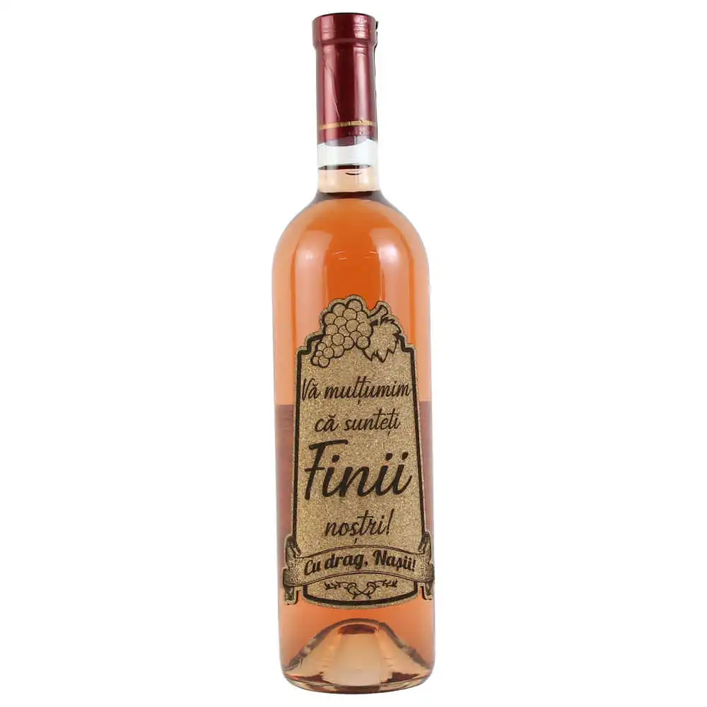 Vin rose 750 ml "Va multumim ca sunteti Finii nostri!" cu eticheta personalizata din pluta Vin rose 750 ml "Va multumim ca sunteti Finii nostri!" cu eticheta personalizata din pluta