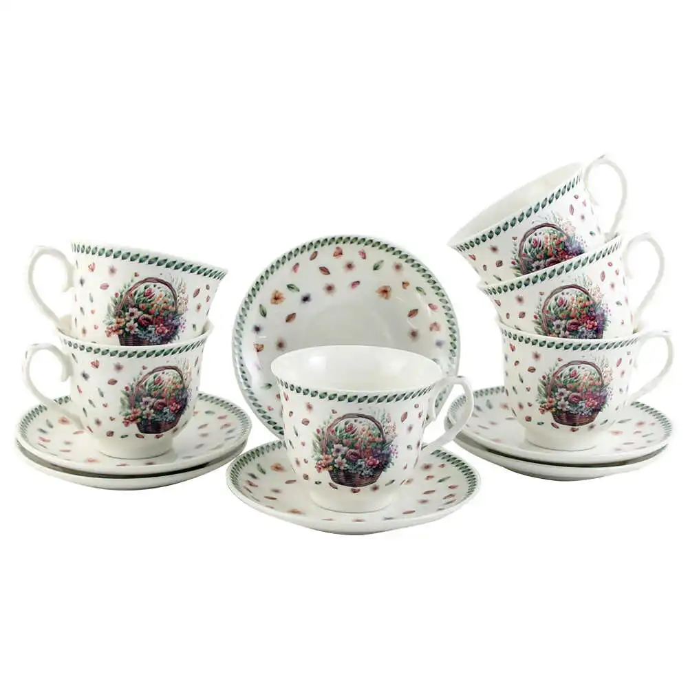 Set 6 cesti cu farfurii din portelan 250 ml "Basket of Flowers-Field flowers" Set 6 cesti cu farfurii din portelan 250 ml "Basket of Flowers-Field flowers"
