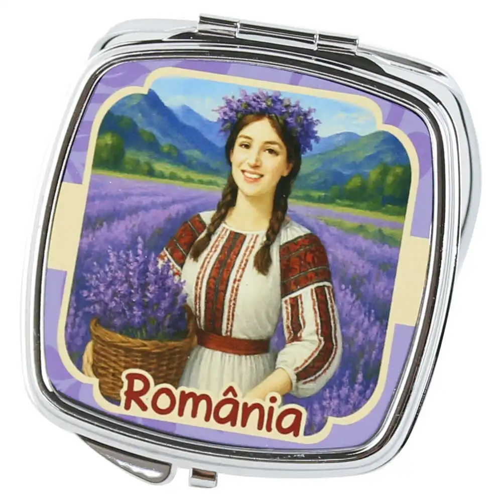 Oglinda de buzunar metalica "Romania" Tarancuta cu lavanda