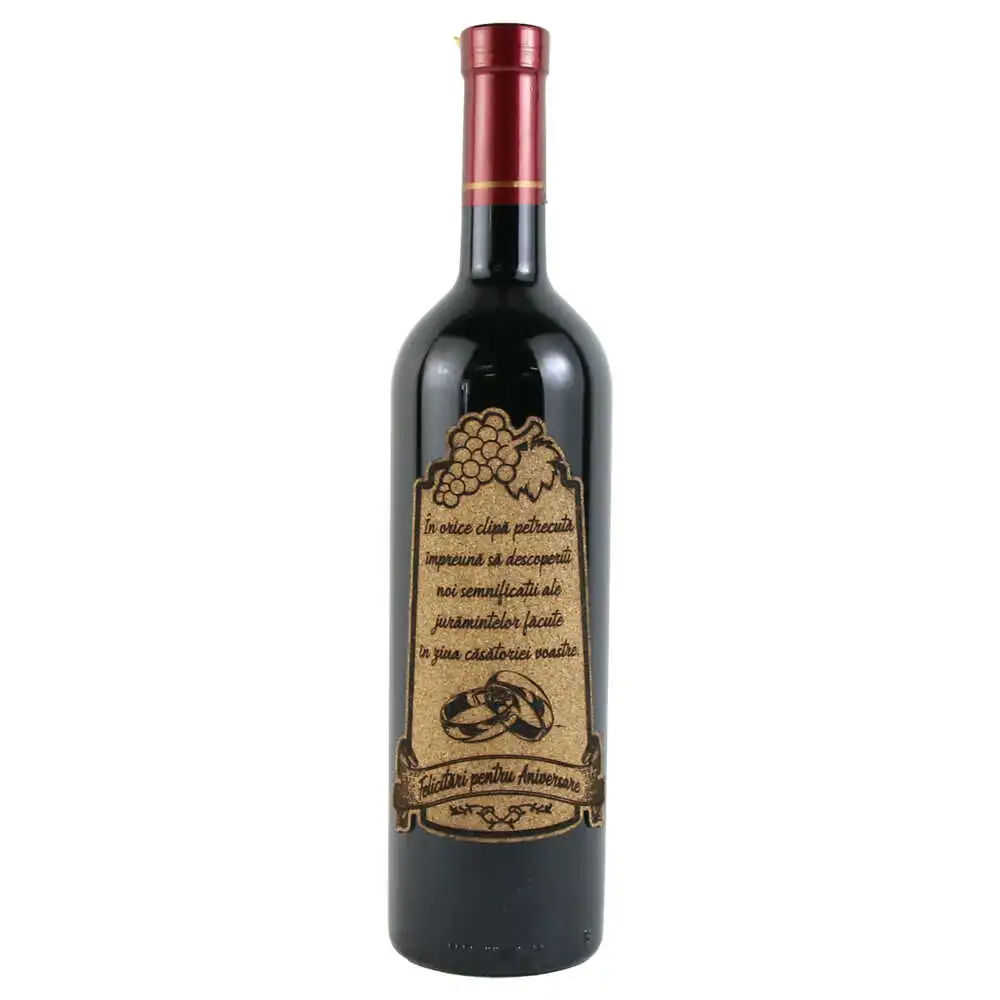 Vin rosu 750 ml "Felicitari pentru aniversare casatoriei" cu eticheta personalizata din pluta