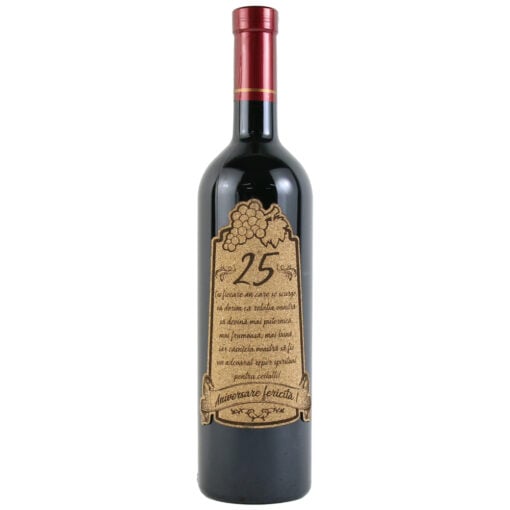 Vin rosu 750 ml "25  Aniversare fericita!" cu eticheta personalizata din pluta