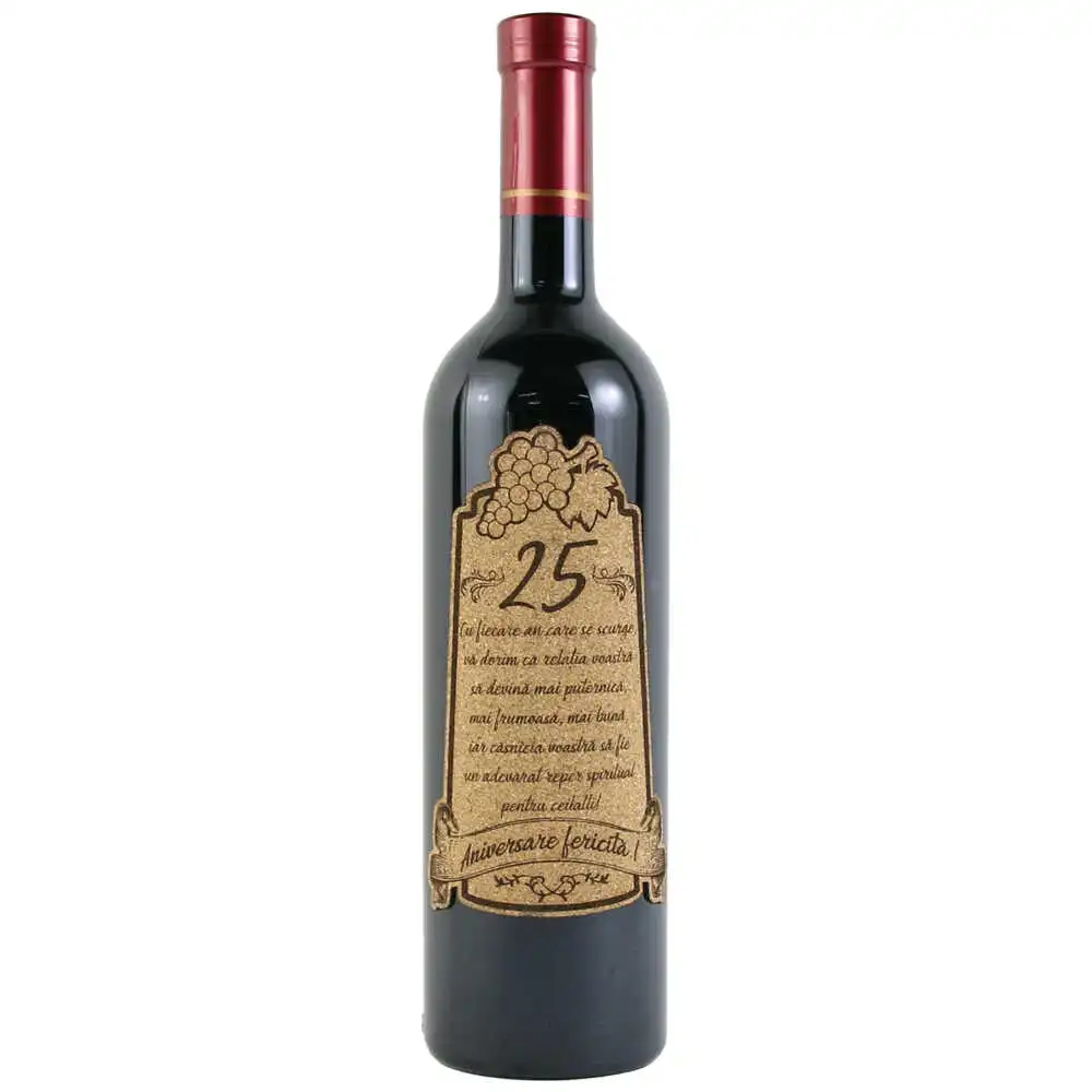Vin rosu 750 ml "25 Aniversare fericita!" cu eticheta personalizata din pluta Vin rosu 750 ml "25 Aniversare fericita!" cu eticheta personalizata din pluta