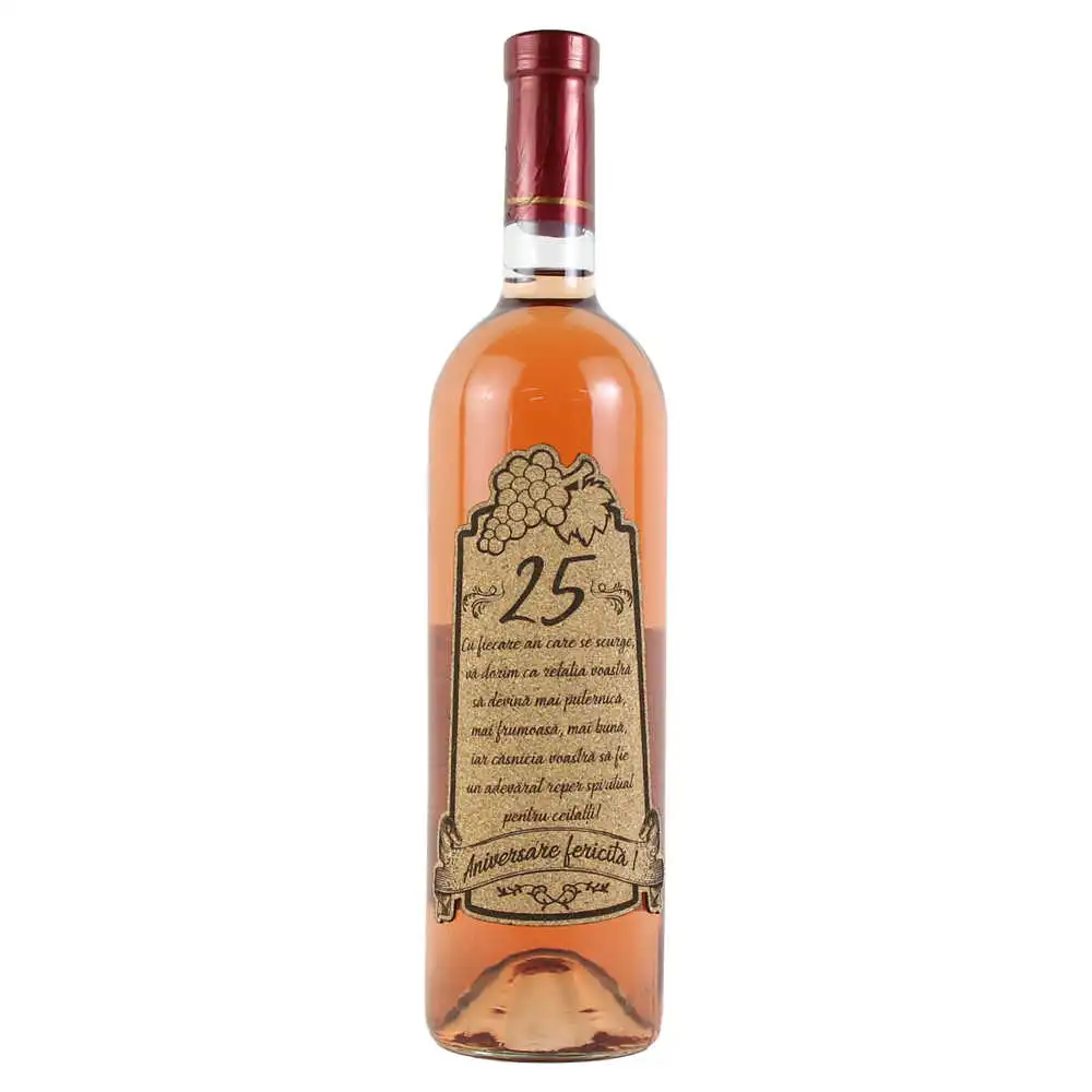 Vin rose 750 ml "25 Aniversare fericita!" cu eticheta personalizata din pluta Vin rose 750 ml "25 Aniversare fericita!" cu eticheta personalizata din pluta