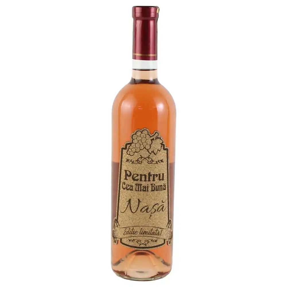 Vin rose 750 ml "Pentru cea mai buna Nasa" cu eticheta personalizata din pluta