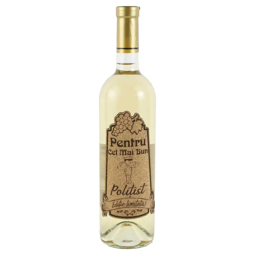 Vin alb 750 ml "Pentru cel mai bun Politist" cu eticheta personalizata din pluta Vin alb 750 ml "Pentru cel mai bun Politist" cu eticheta personalizata din pluta